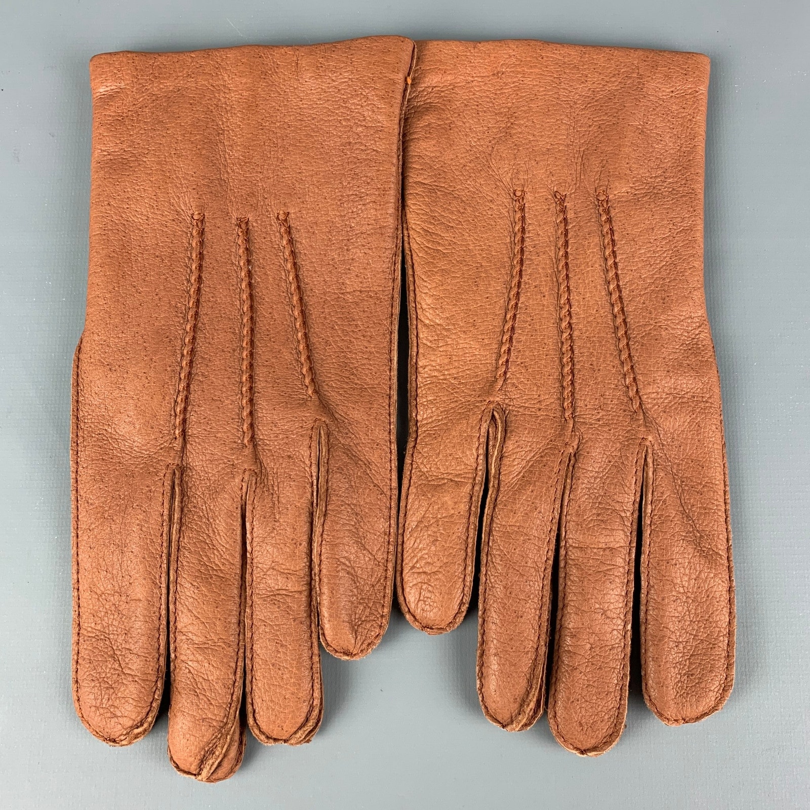 Vintage Size 9 Tan Leather Wool Viscose Gloves